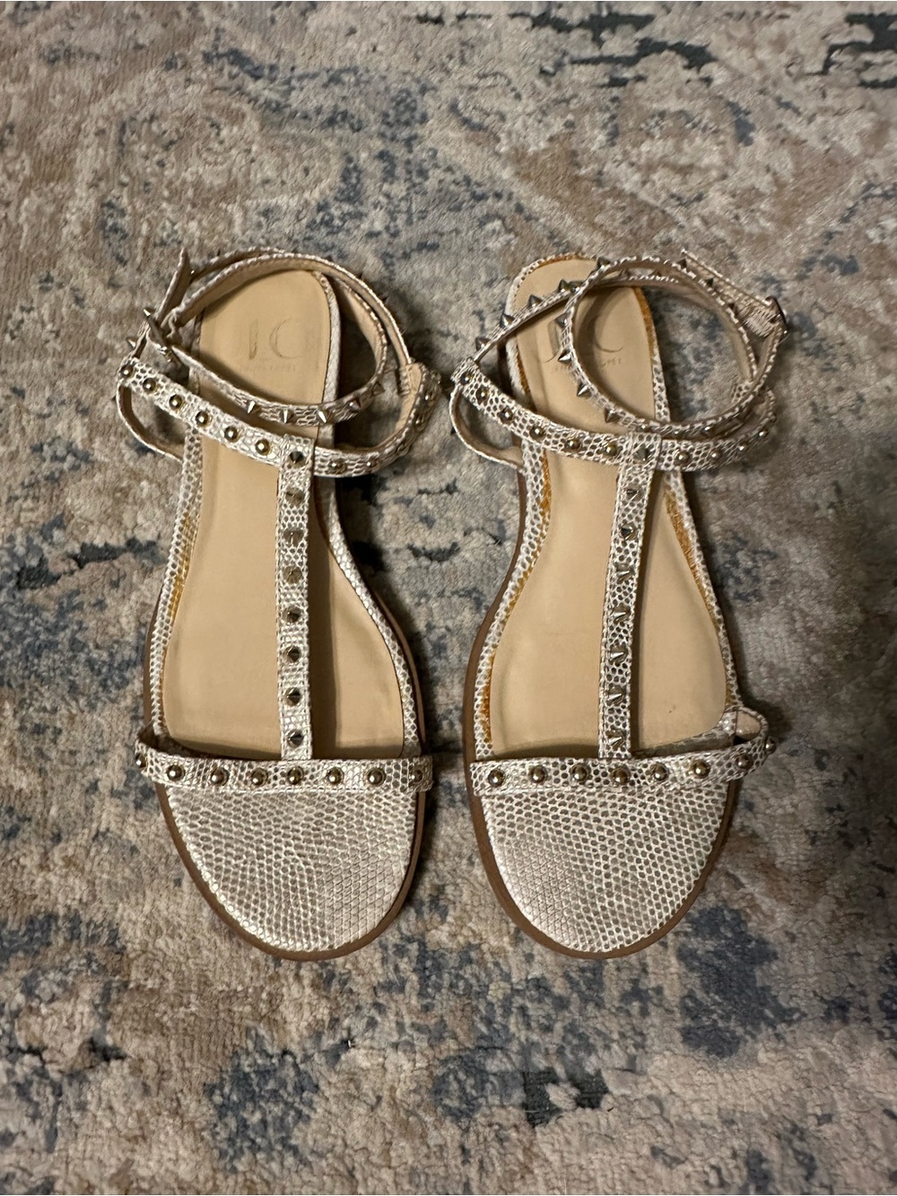 Studded T-Strap Sandals in Metallic Beige